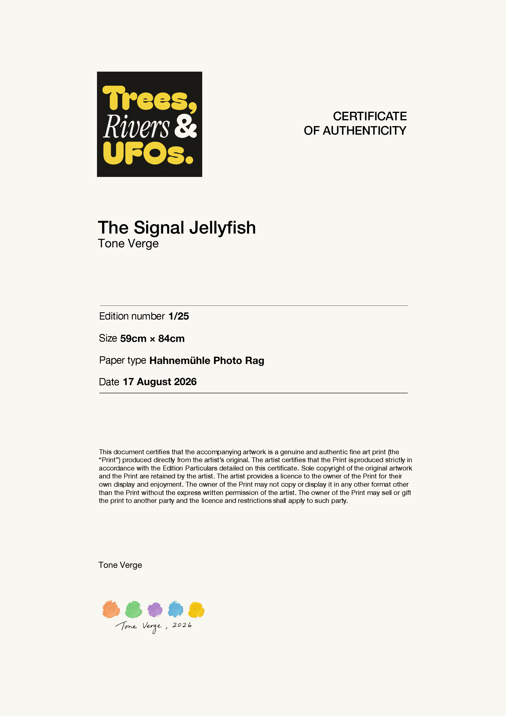 The Signal Jellyfish — Certificate of Authenticity