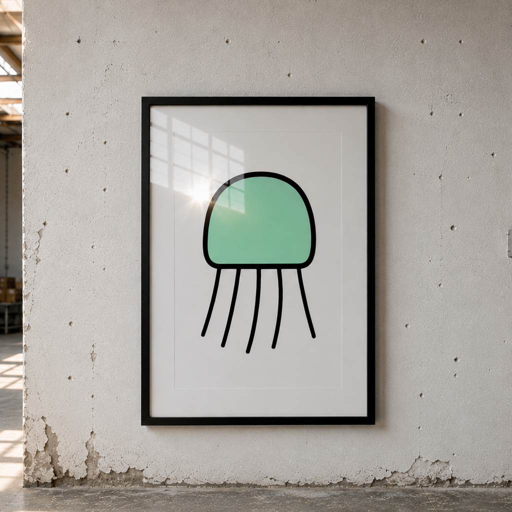 Framed minimalist jellyfish art print hanging on a textured concrete warehouse wall, with a black frame, white mat, and a pale mint-green jellyfish shape outlined in black. The warehouse interior and window light are visible in the background.