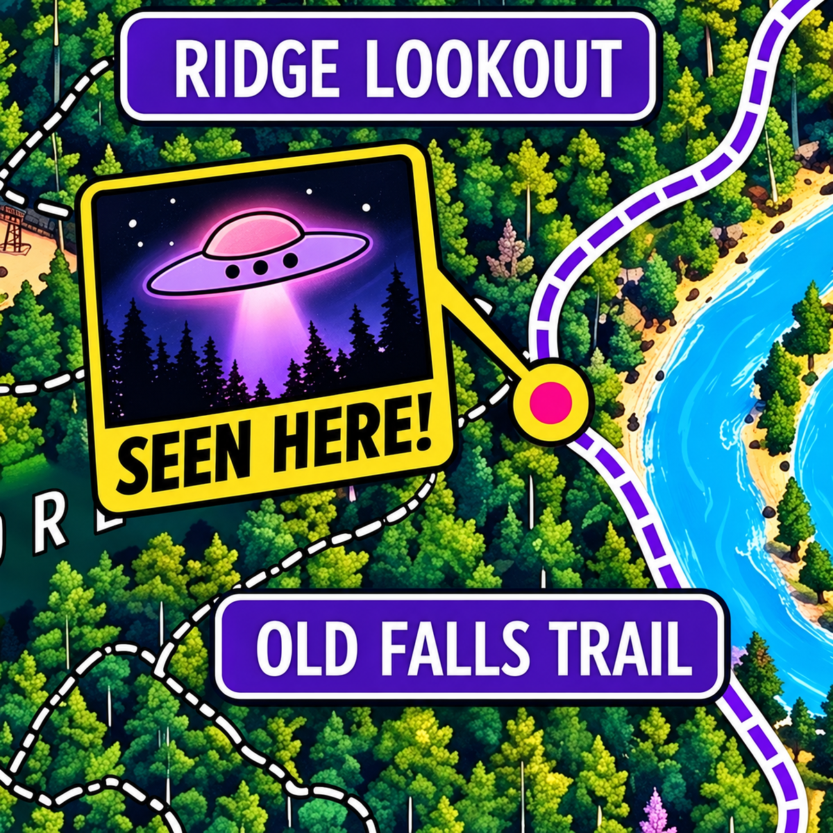 A colorful illustrated map graphic with labeled paths and landmarks: 'RIDGE LOOKOUT' at the top, 'OLD FALLS TRAIL' at the bottom, and a highlighted inset showing a UFO over a forest with the text 'SEEN HERE!'.