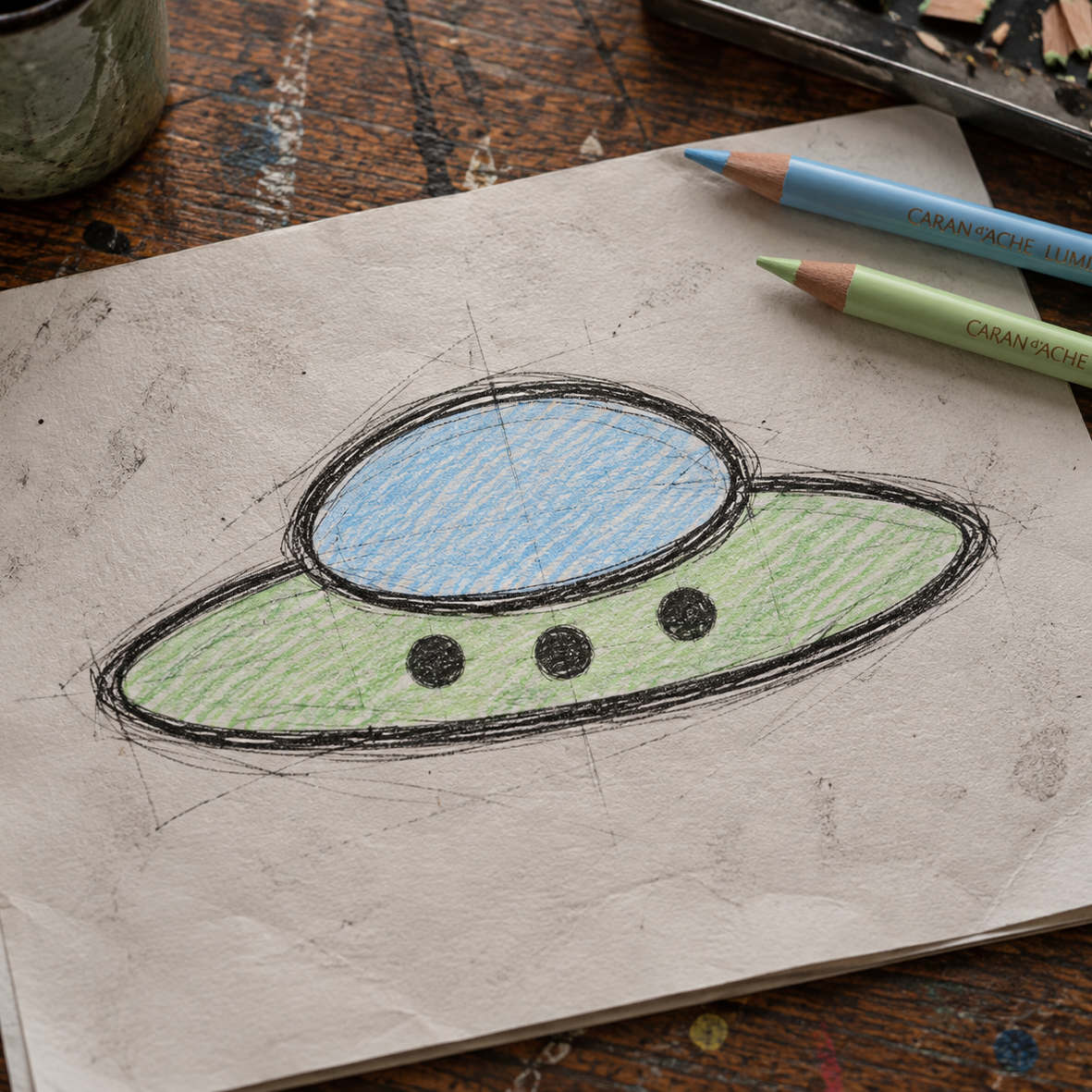A hand-drawn sketch of a UFO in green and blue crayon on beige paper, placed on a rustic wooden table with colored pencils nearby.