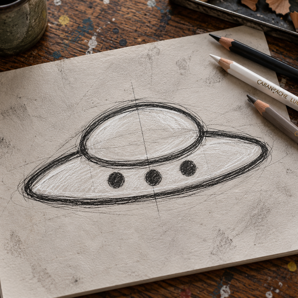 A hand-drawn sketch of a UFO or flying saucer on textured paper, surrounded by colored pencils and wood shavings on a painted wooden table.