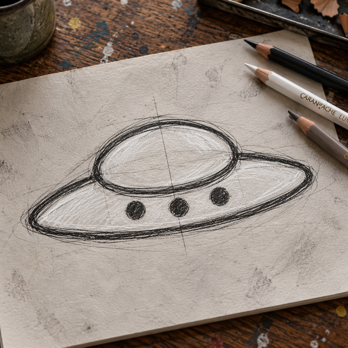 A hand-drawn sketch of a UFO or flying saucer on textured paper, surrounded by colored pencils and wood shavings on a painted wooden table.
