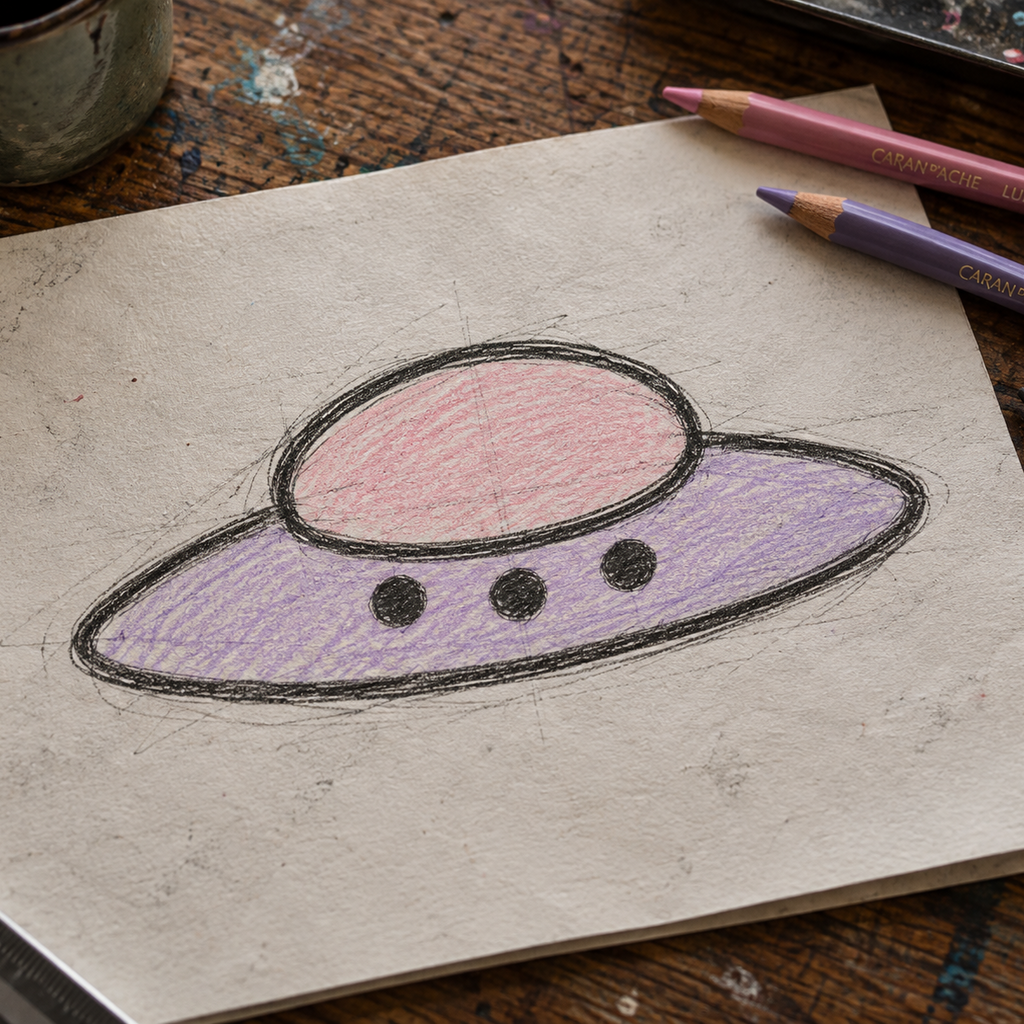 A hand-drawn cartoon UFO in pastel pink and lavender on beige sketch paper, photographed on a wooden table with colored pencils nearby.