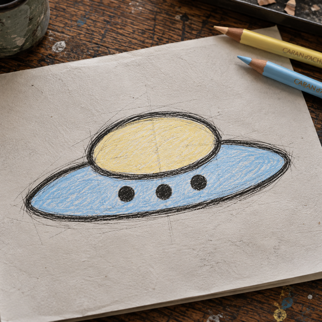 A hand-drawn colored pencil sketch of a UFO on a textured paper sketchbook, placed on a rustic wooden table with colored pencils nearby.
