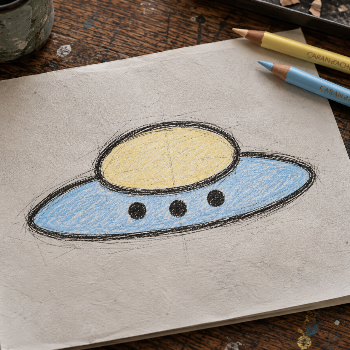 A hand-drawn colored pencil sketch of a UFO on a textured paper sketchbook, placed on a rustic wooden table with colored pencils nearby.
