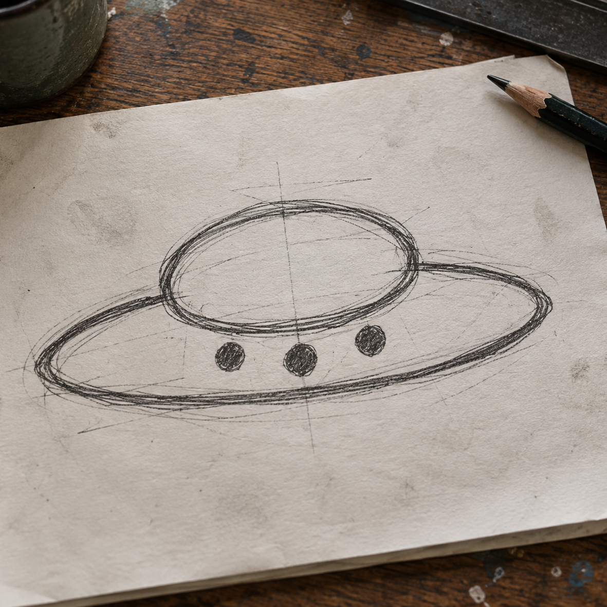 A pencil sketch of a UFO or flying saucer drawn on textured beige paper, placed on a rustic wooden desk with a pencil and cup nearby.