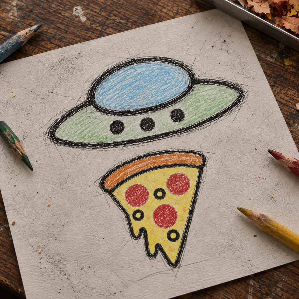 A hand-drawn cartoon illustration on textured paper showing a UFO above a slice of pizza, surrounded by colored pencils on a wooden tabletop.