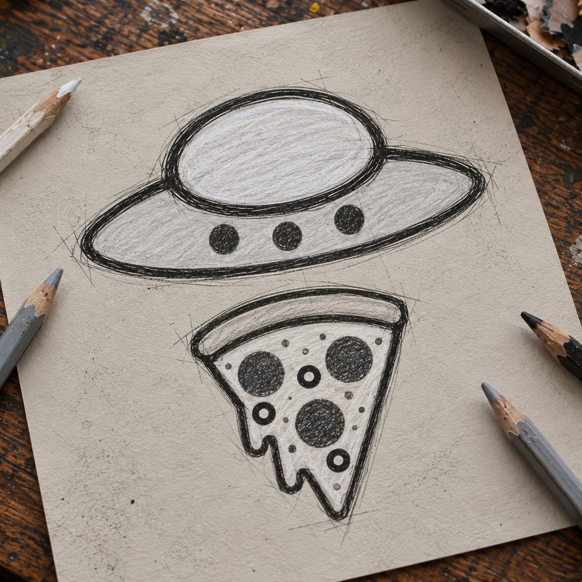 A hand-drawn black ink sketch of a flying saucer above a slice of pizza on beige paper, styled on a rustic wooden table with colored pencils.