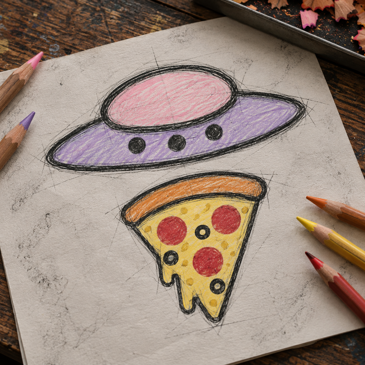 A hand-drawn sketch of a UFO above a slice of pepperoni pizza on textured paper, surrounded by colored pencils on a wooden table.