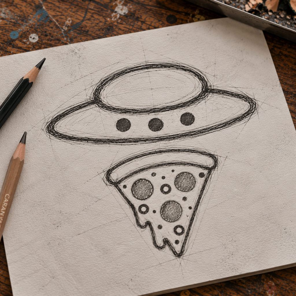 A hand-drawn sketch of a flying saucer above a slice of pizza on textured paper, placed on a wooden table with two pencils nearby.