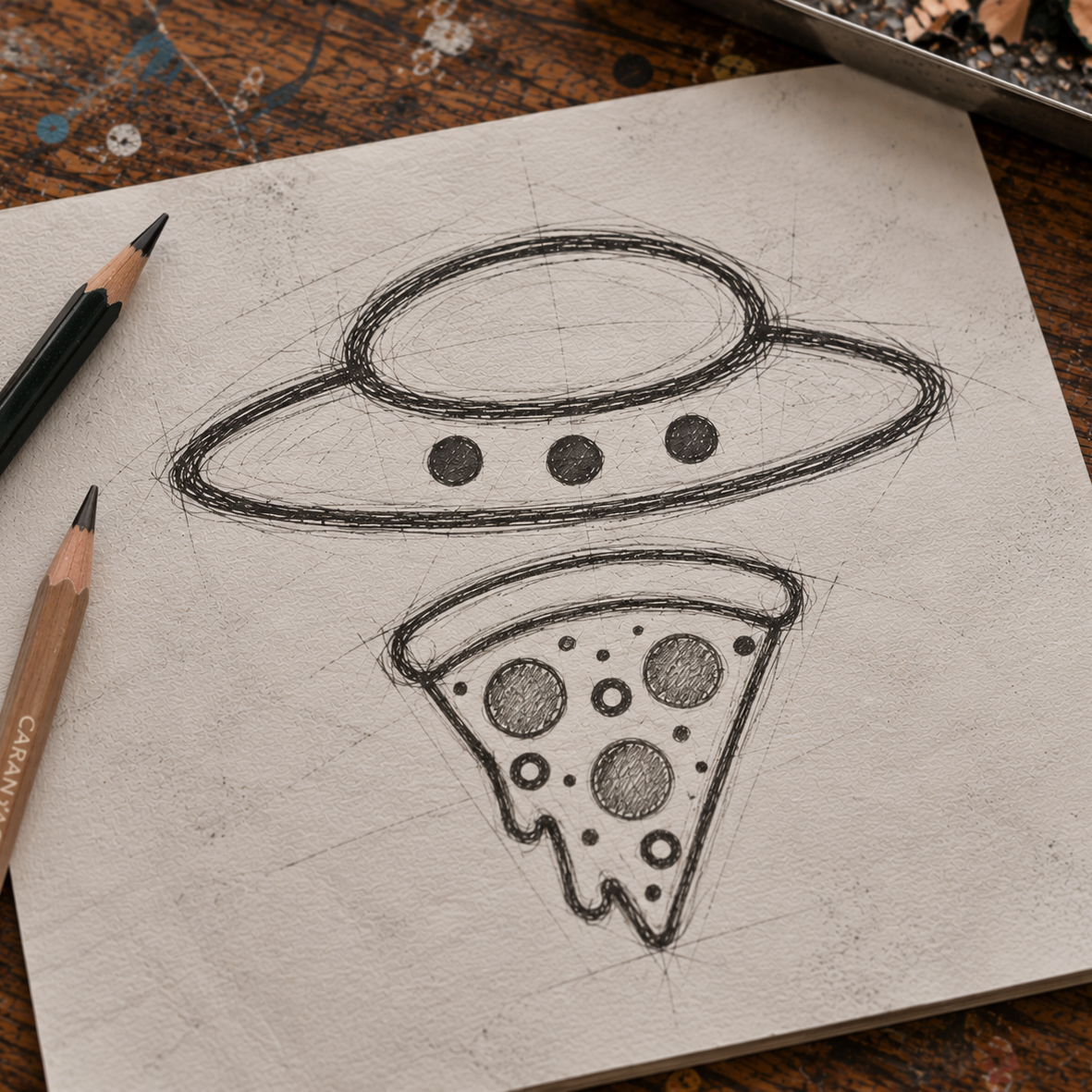 A hand-drawn sketch of a flying saucer above a slice of pizza on textured paper, placed on a wooden table with two pencils nearby.