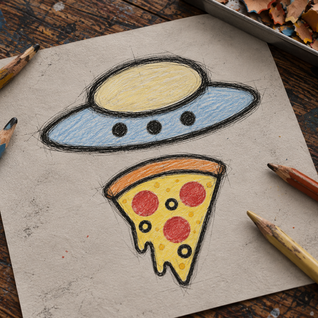 A hand-drawn sketch of a UFO above a slice of pizza on textured paper, surrounded by colored pencils on a wooden surface.