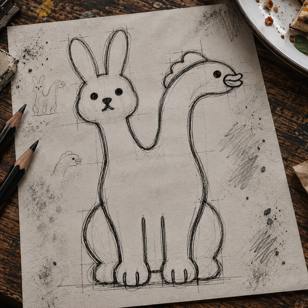 A hand-drawn sketch of a whimsical creature combining a rabbit head and a long-necked dinosaur on textured paper, styled on a rustic wooden table with pencils, eraser, and pizza crumbs nearby.
