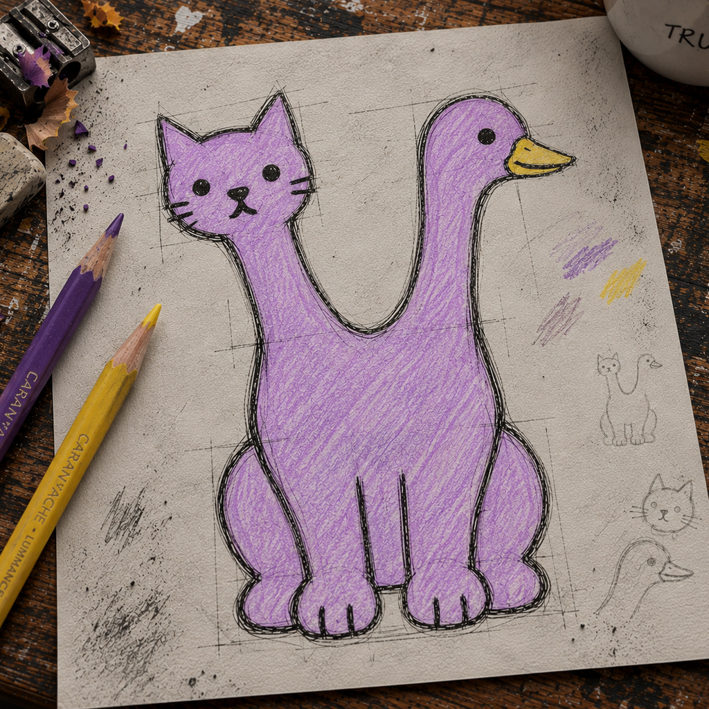 A hand-drawn purple cat-and-duck illustration on sketch paper, styled on a wooden desk with colored pencils and art supplies.