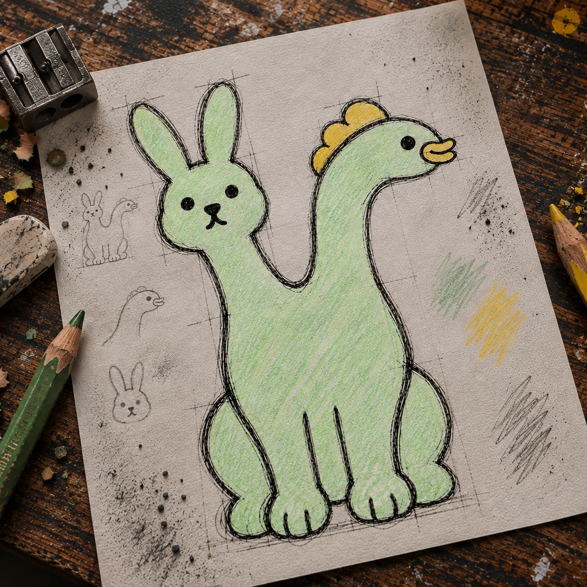 A hand-drawn cartoon dinosaur with a rabbit head and long neck, colored light green with black outlines, shown on a sketchbook surrounded by colored pencils, a pencil sharpener, and wood shavings on a rustic wooden table.
