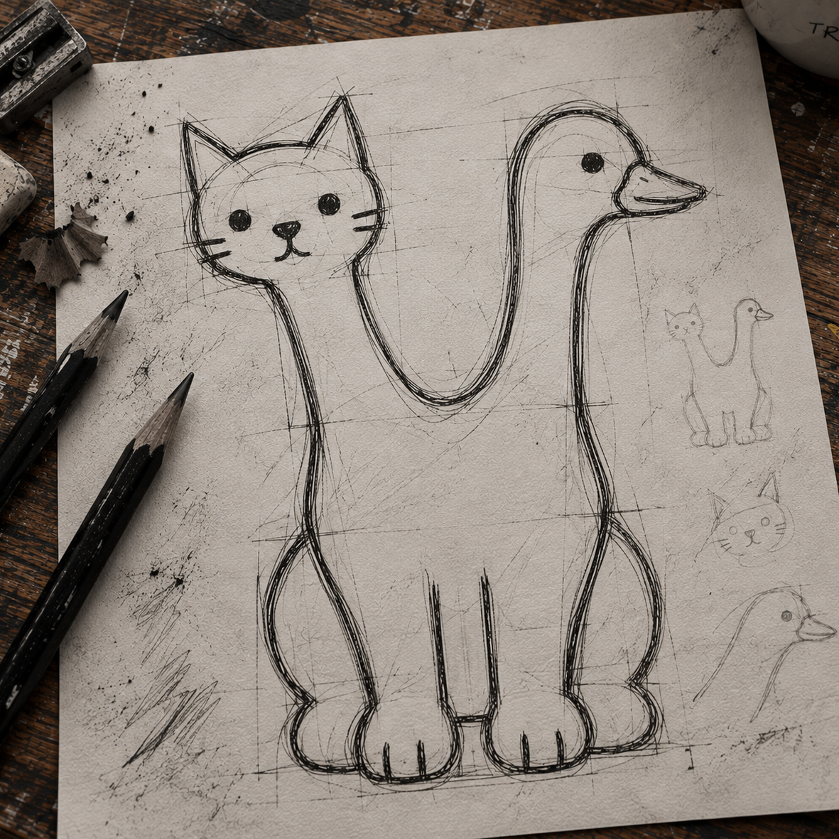 A hand-drawn black ink sketch of a cat and duck combined design on aged beige paper, surrounded by drawing tools like pencils, an eraser, and a pencil sharpener on a rustic wooden table.