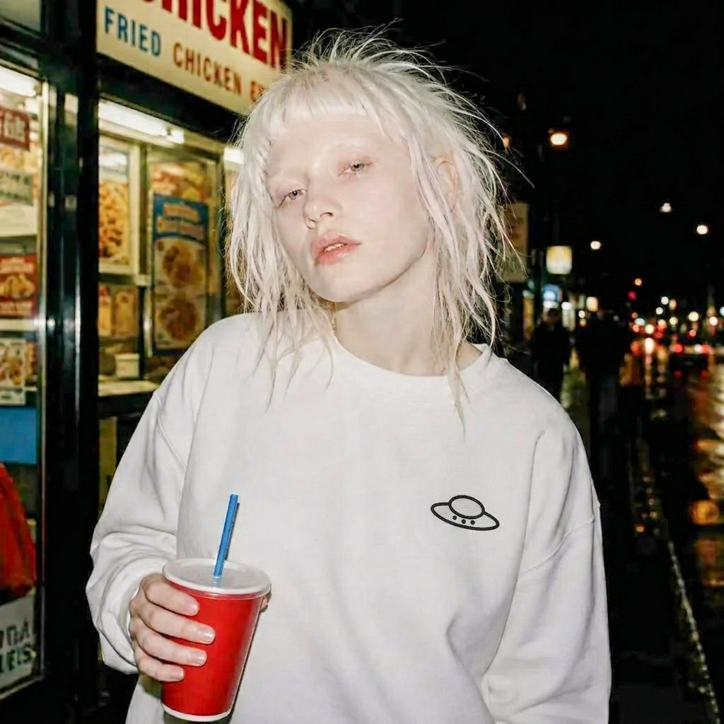 Person wearing the white Trees, Rivers & UFOs Nimbus Sweatshirt on a city street at night while holding a red cup.