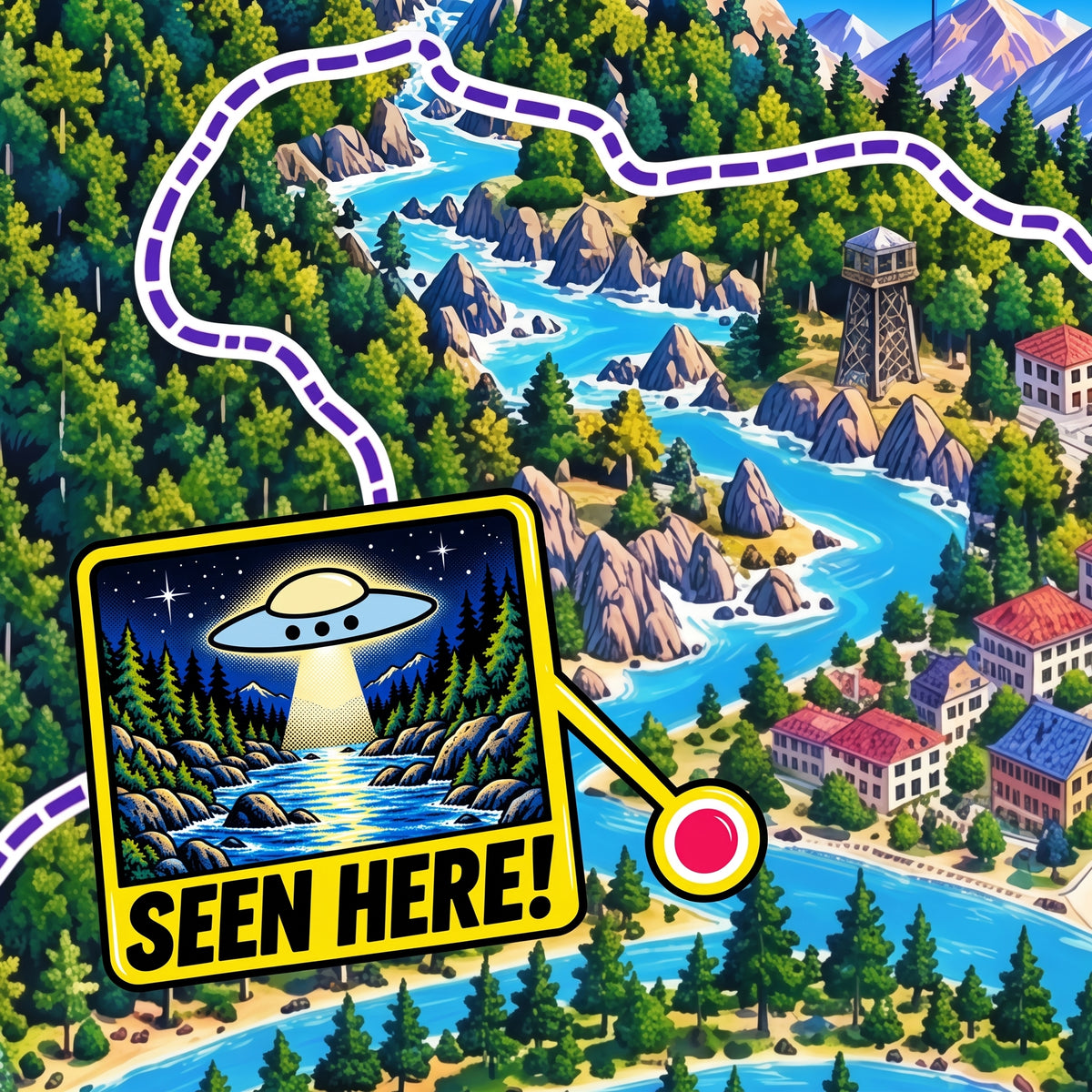 A stylized illustrated landscape showing a winding blue river through dense green forest with rocky cliffs, small buildings, a watchtower, and a yellow 'SEEN HERE!' badge with a UFO graphic. A purple dashed line traces a path across the scene.