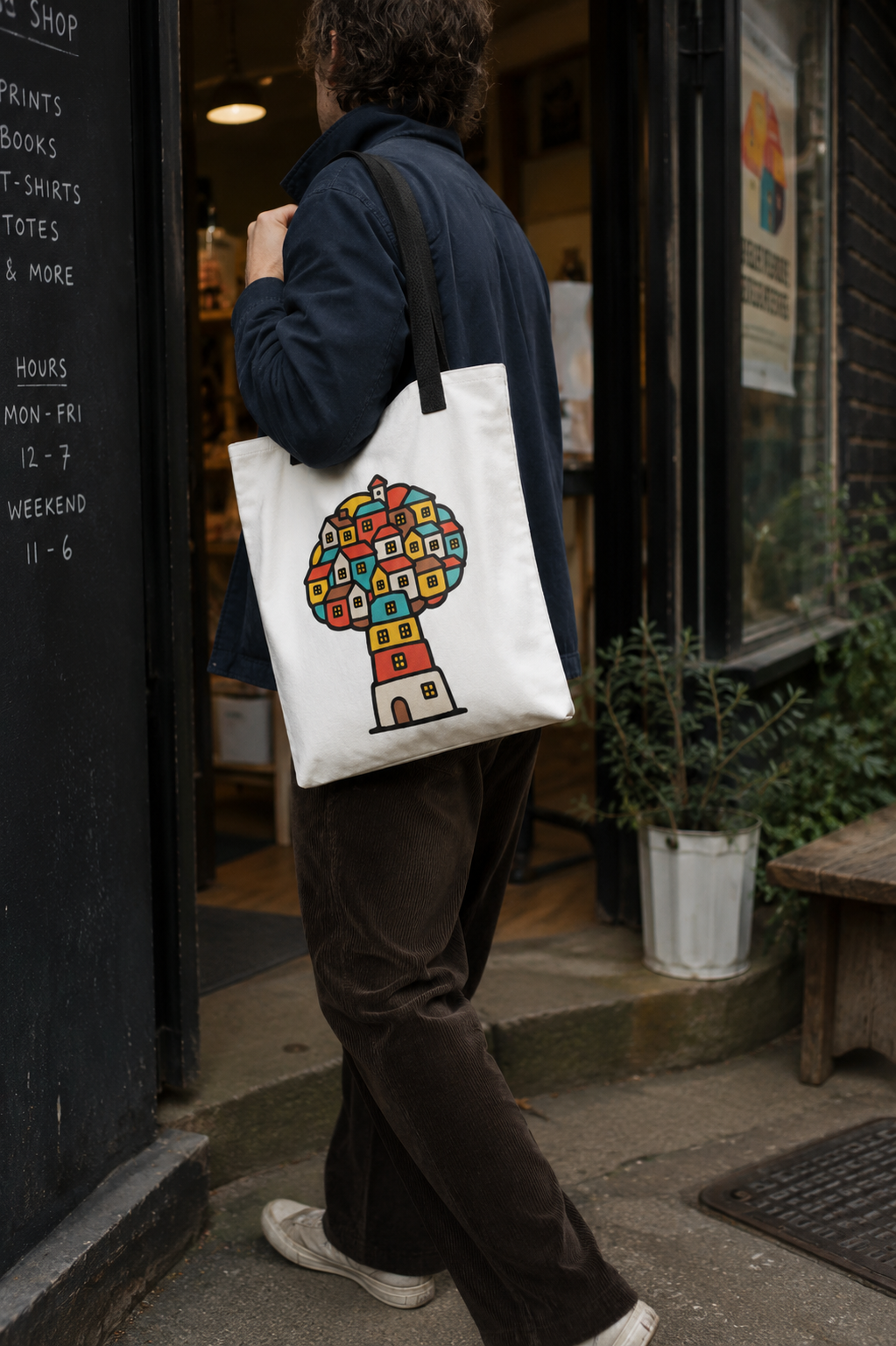 Person carrying a cream Treehouse Homes tote bag while walking past an urban shop entrance.
