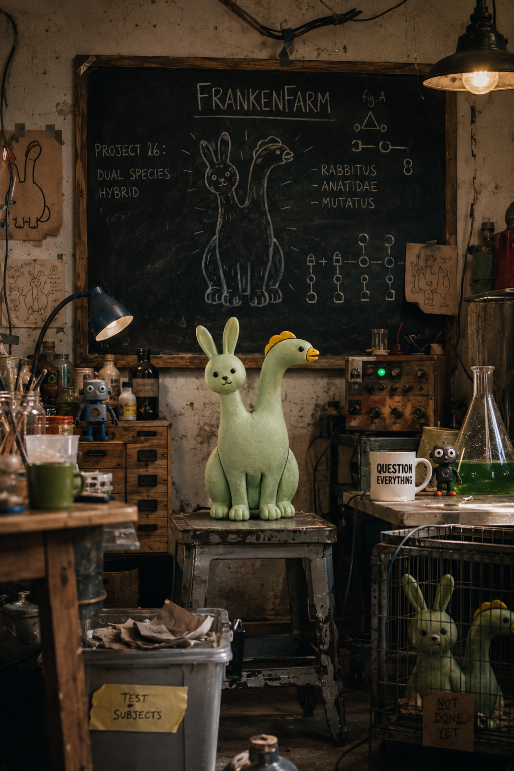 Finished handmade FrankenFarm puppet translating the illustrated creature into a physical object.