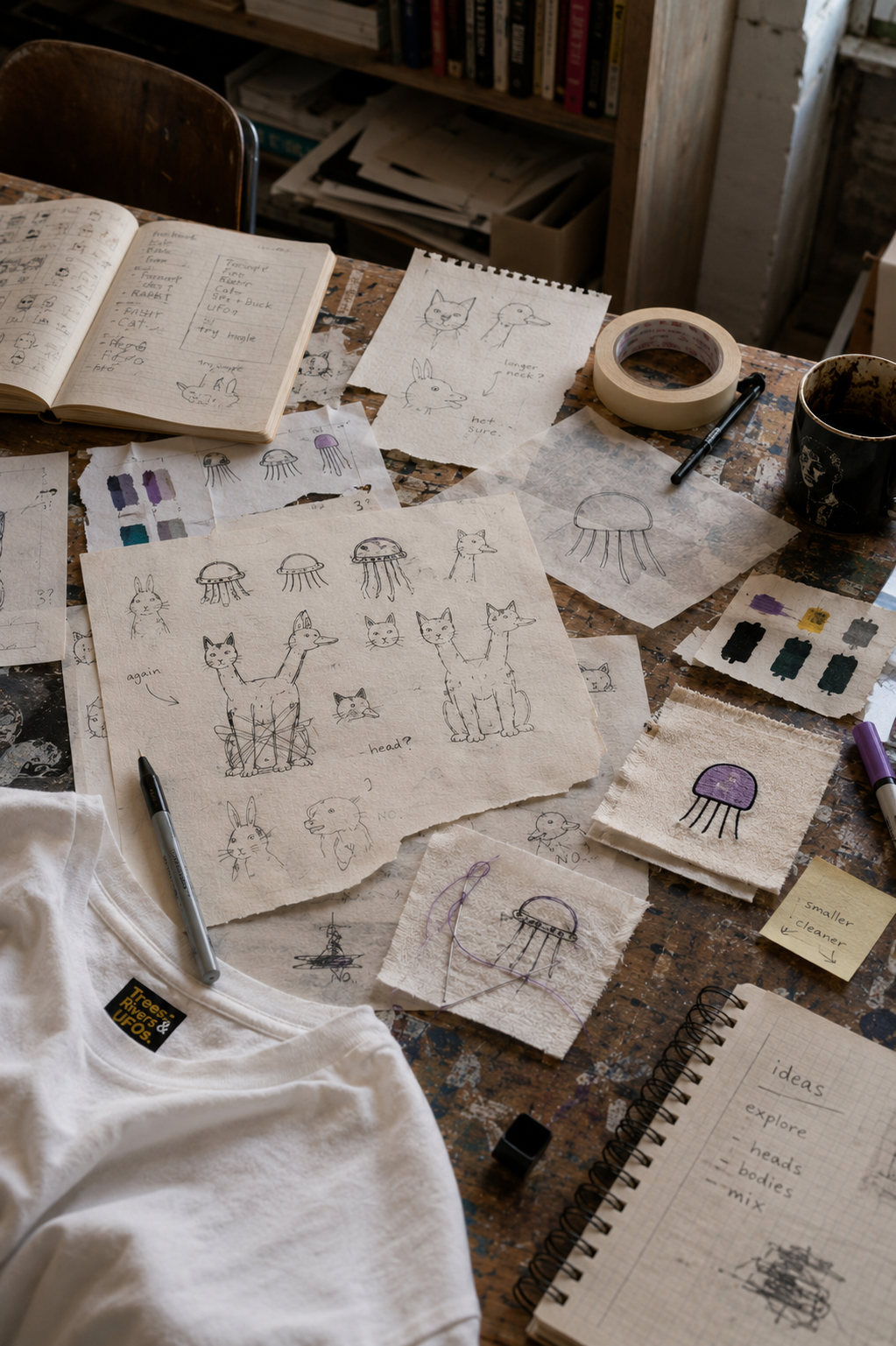 Messy studio table covered with rough creature drawings, notes, paper, fabric, colour tests and unfinished ideas.