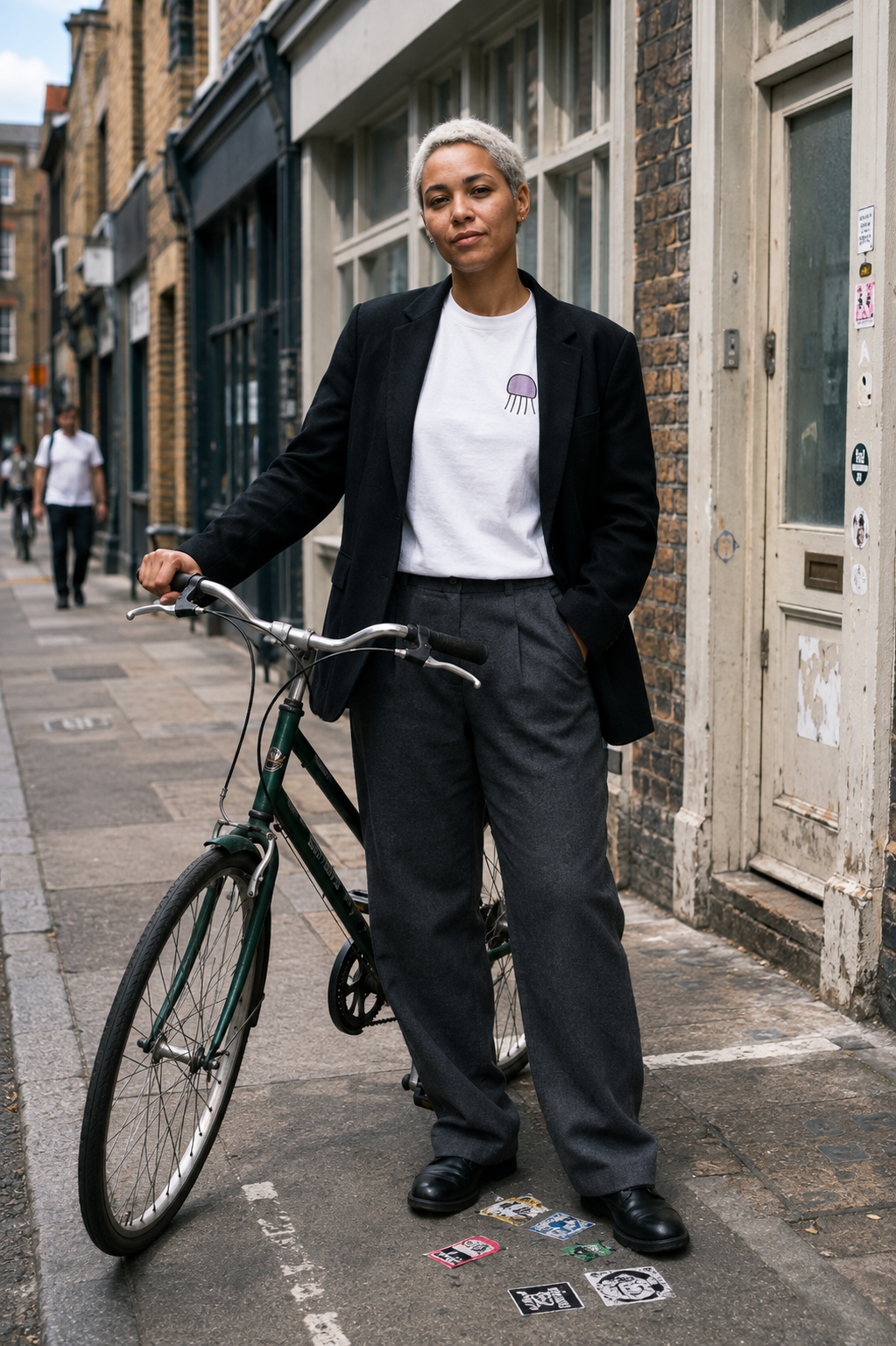 Woman with short platinum hair wearing a white Orchid Jellyfish T-shirt and black blazer while standing beside a green bicycle on an East London street.