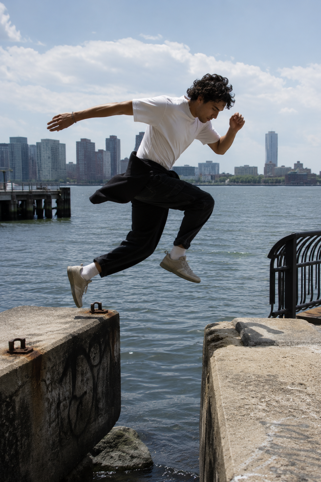 Person caught mid-jump between concrete edges beside moving river water on an urban waterfront.