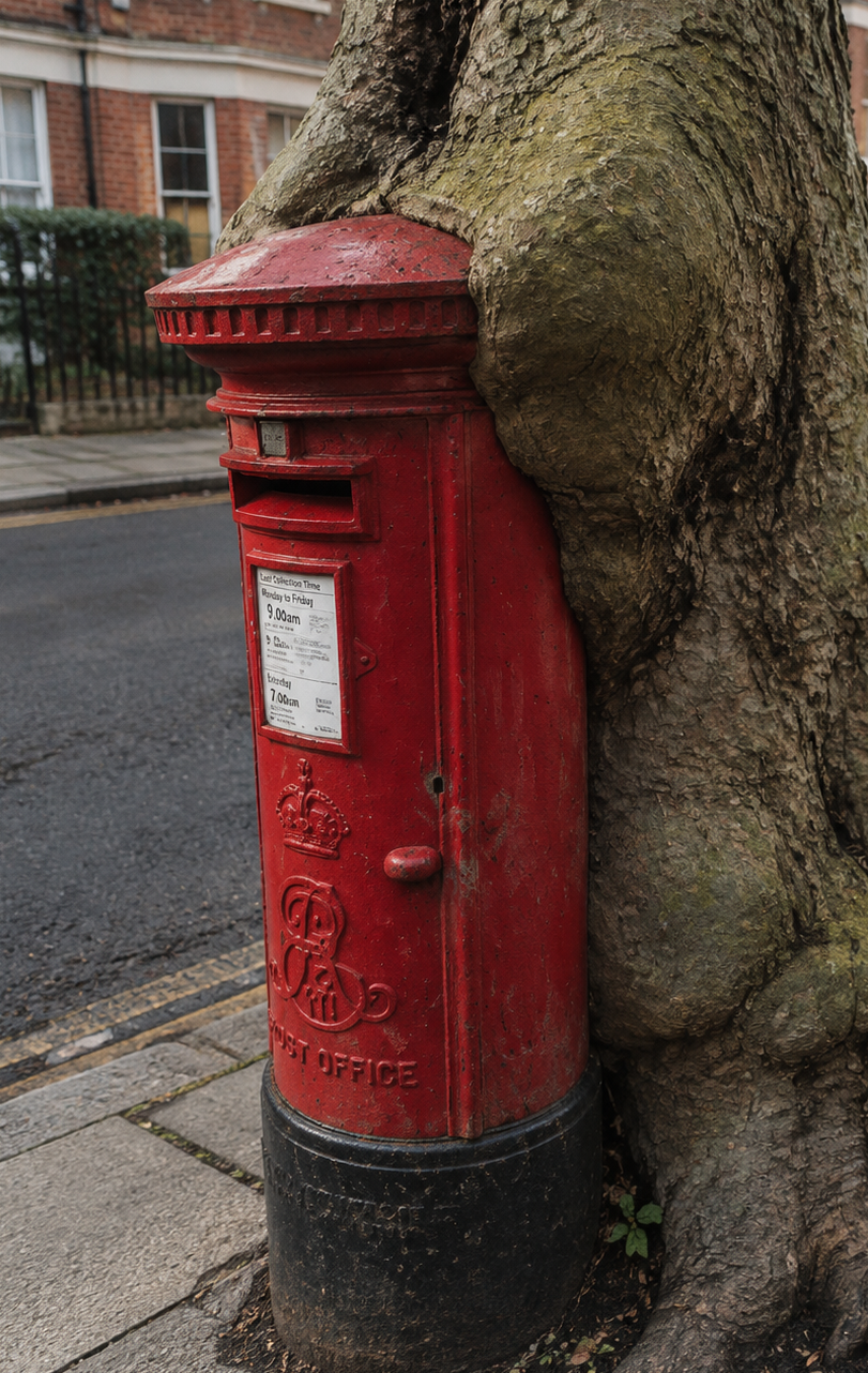 Old London tree growing around a weathered red post box on a residential street.