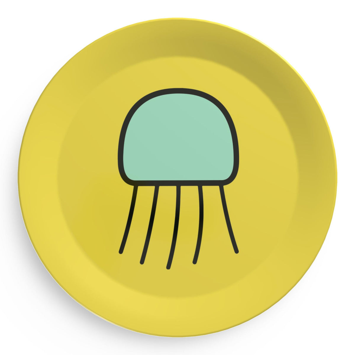 Yellow party plate featuring the green Forest jellyfish artwork.