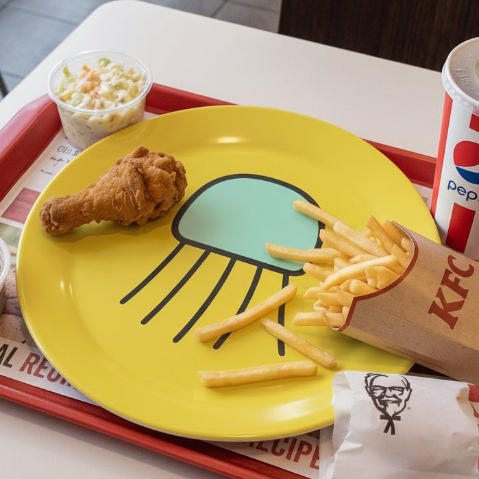 Yellow Forest jellyfish plate with fried chicken, fries and a drink on a restaurant tray.