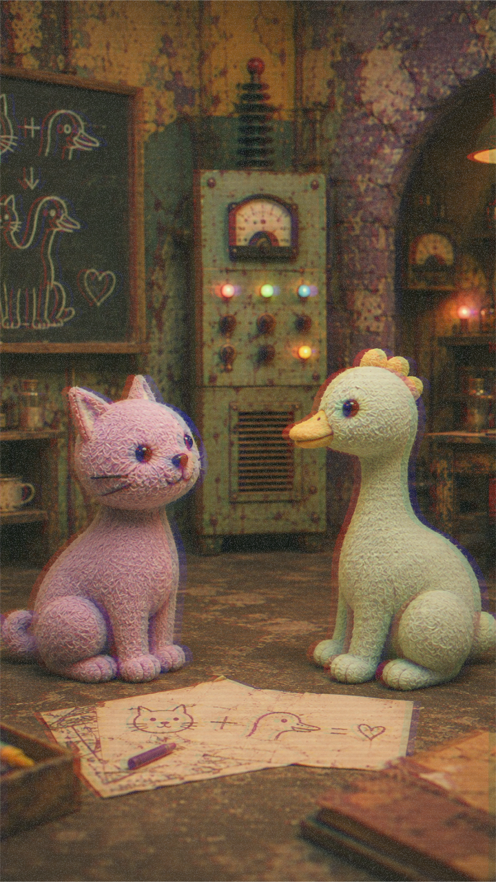 FrankenFarm cat and duck characters sit beside creature sketches in the Trees, Rivers & UFOs workshop.