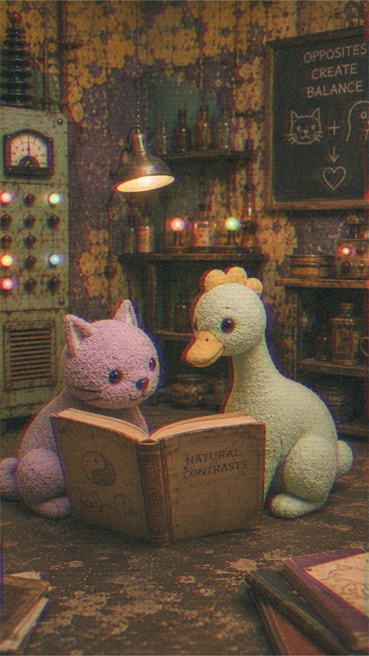 FrankenFarm cat and duck characters study an open book of hybrid creature ideas.