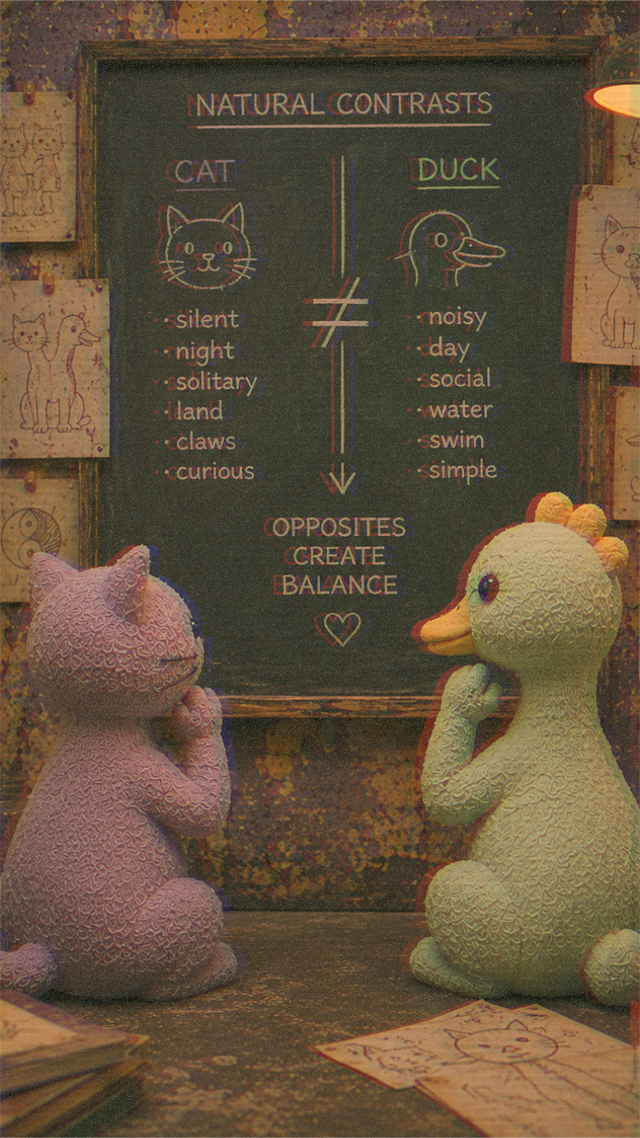 FrankenFarm cat and duck compare contrasting traits at a creative workshop chalkboard.