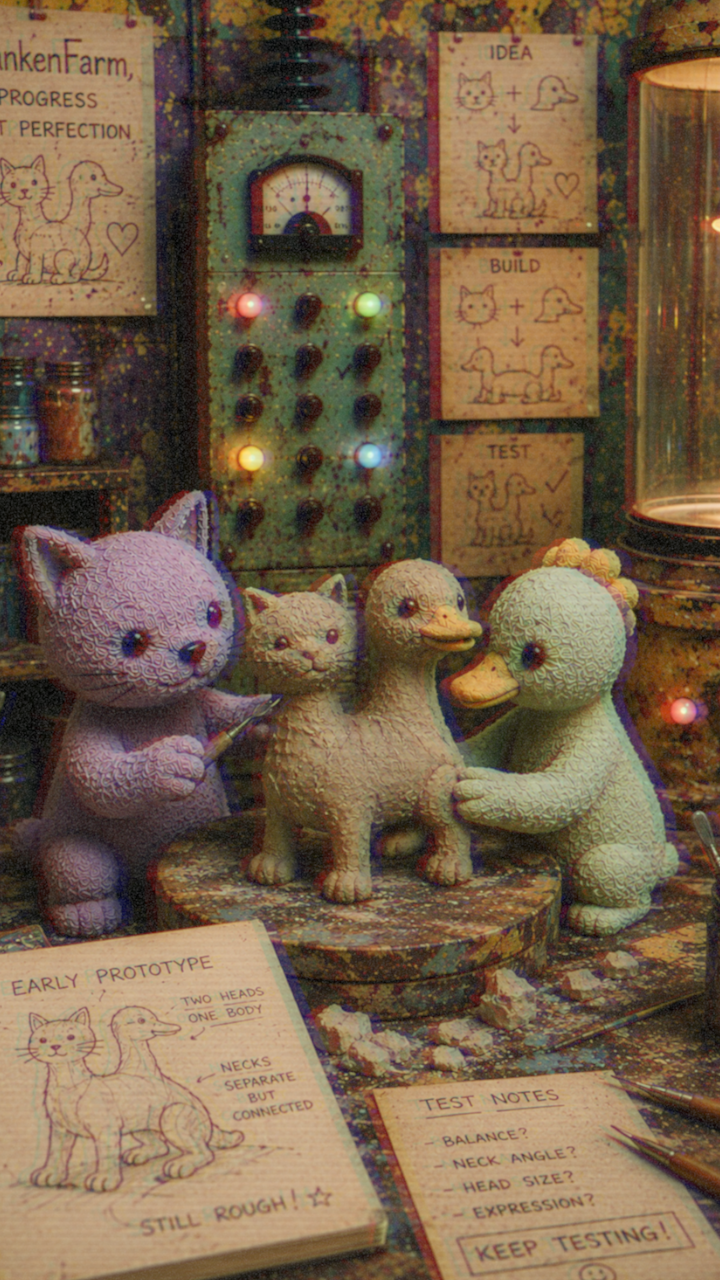 The cat and duck inspect a two-headed cat-and-duck prototype.