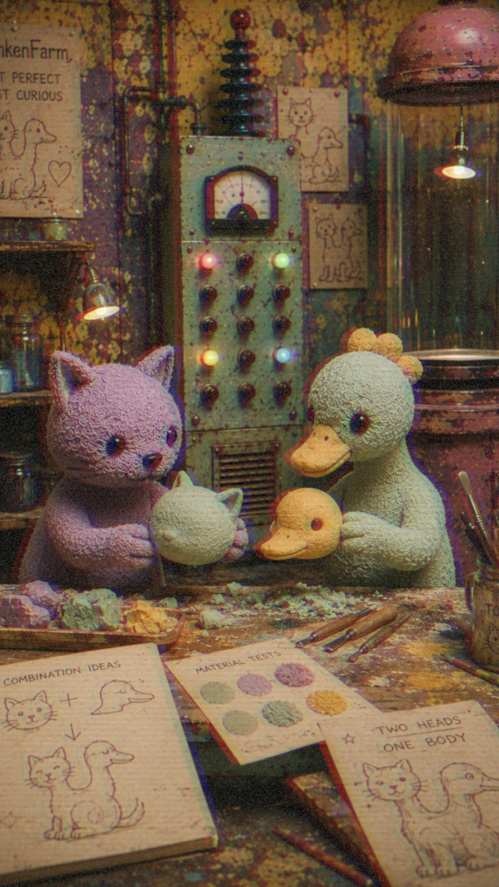 The cat and duck examine model parts beside sketches on a workbench.