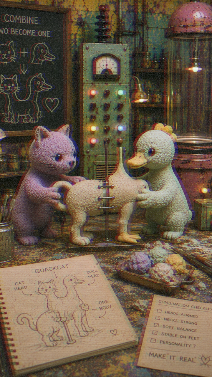 The cat and duck assemble a hybrid creature on the workbench.
