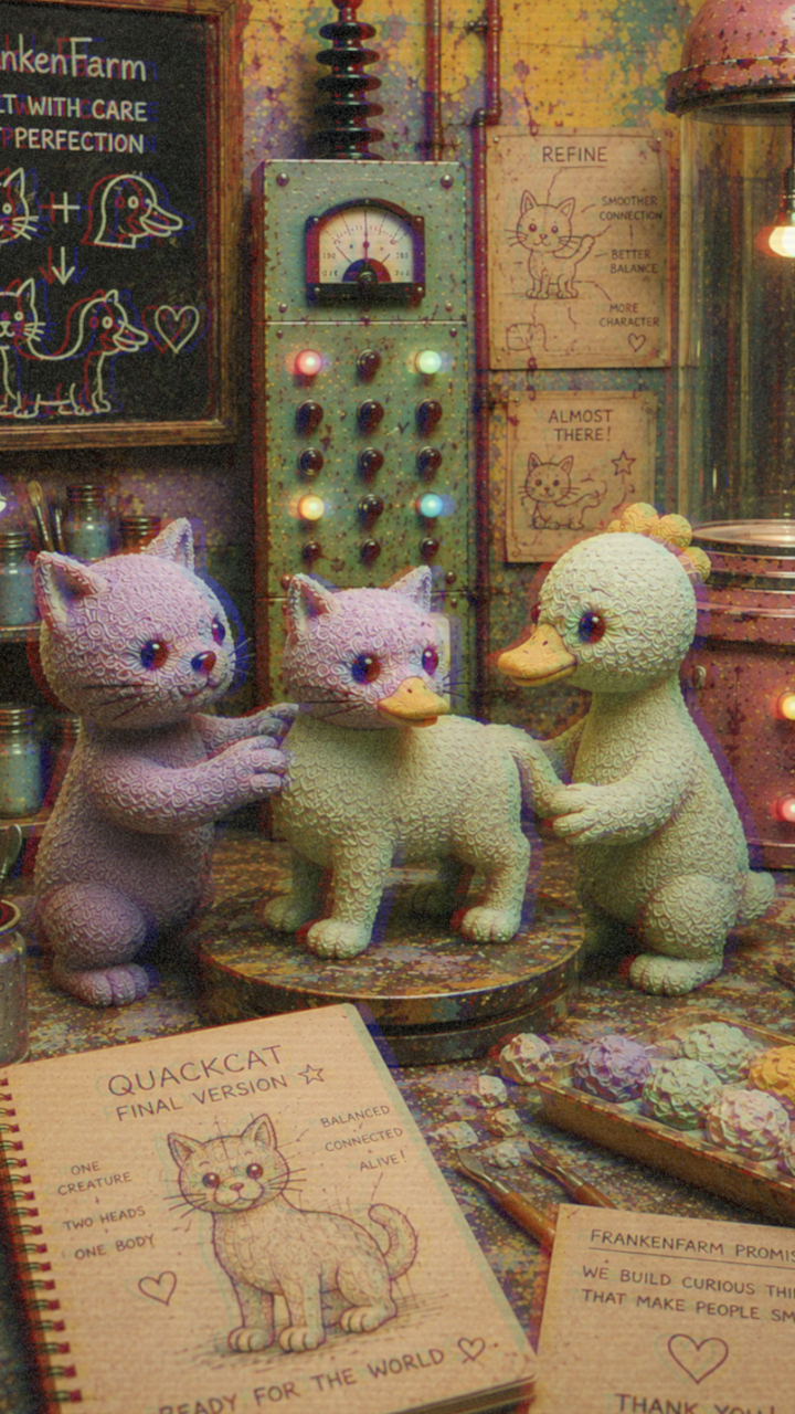 The cat and duck refine a green creature with a cat head and duck bill.