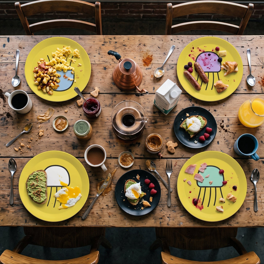 Set of four yellow party plates featuring Nimbus, Poly, Orbit and Forest jellyfish artwork.