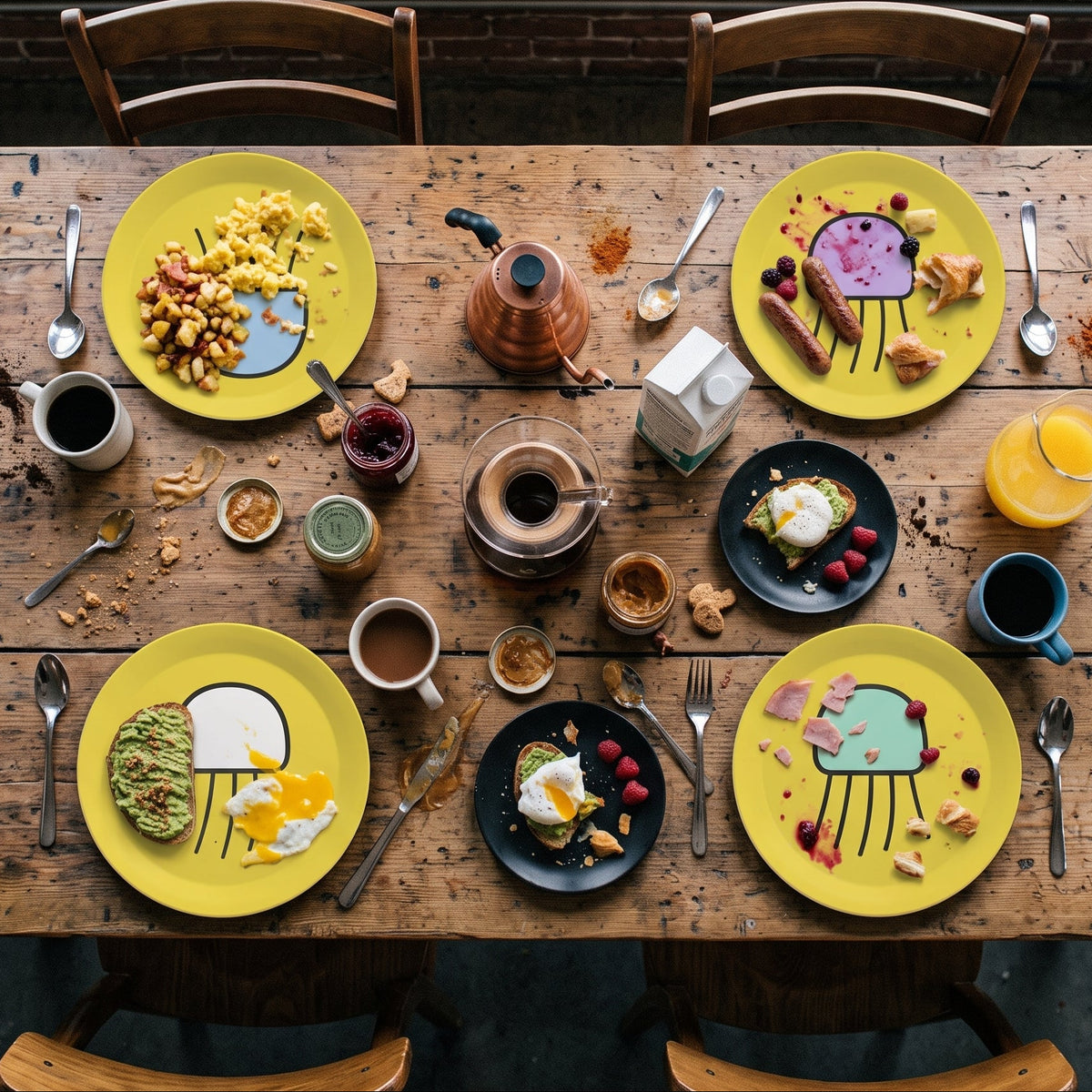 Set of four yellow party plates featuring Nimbus, Poly, Orbit and Forest jellyfish artwork.