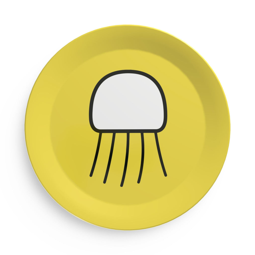 Yellow party plate featuring the black and white Nimbus jellyfish artwork.