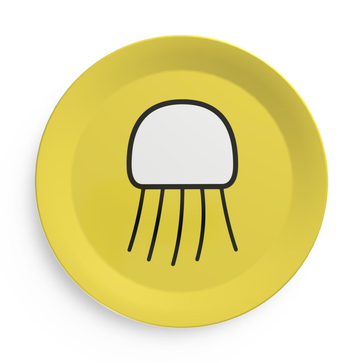 Yellow party plate featuring the black and white Nimbus jellyfish artwork.