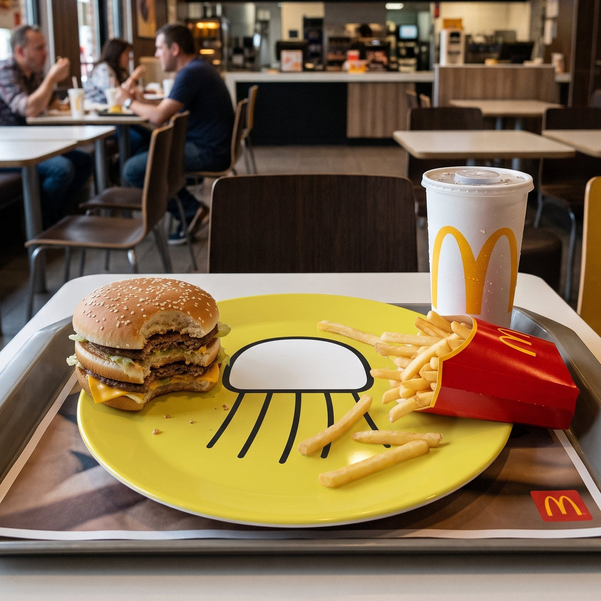 Yellow Nimbus jellyfish plate with a burger, fries and a drink on a restaurant tray.