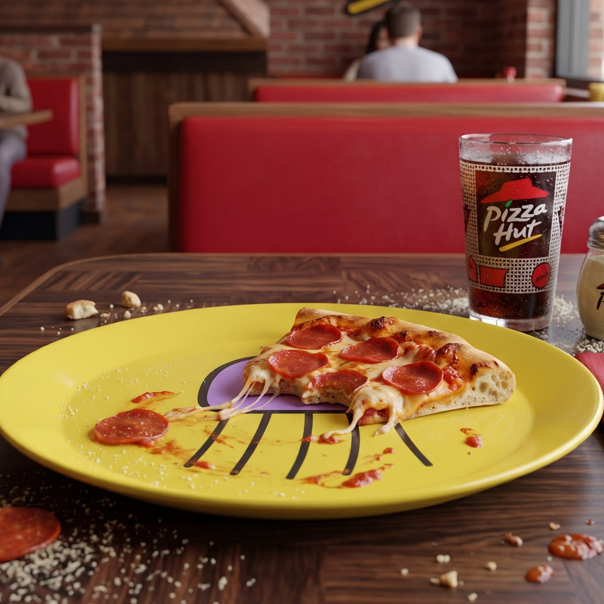 Yellow Orbit jellyfish plate with a slice of pizza on a restaurant table.