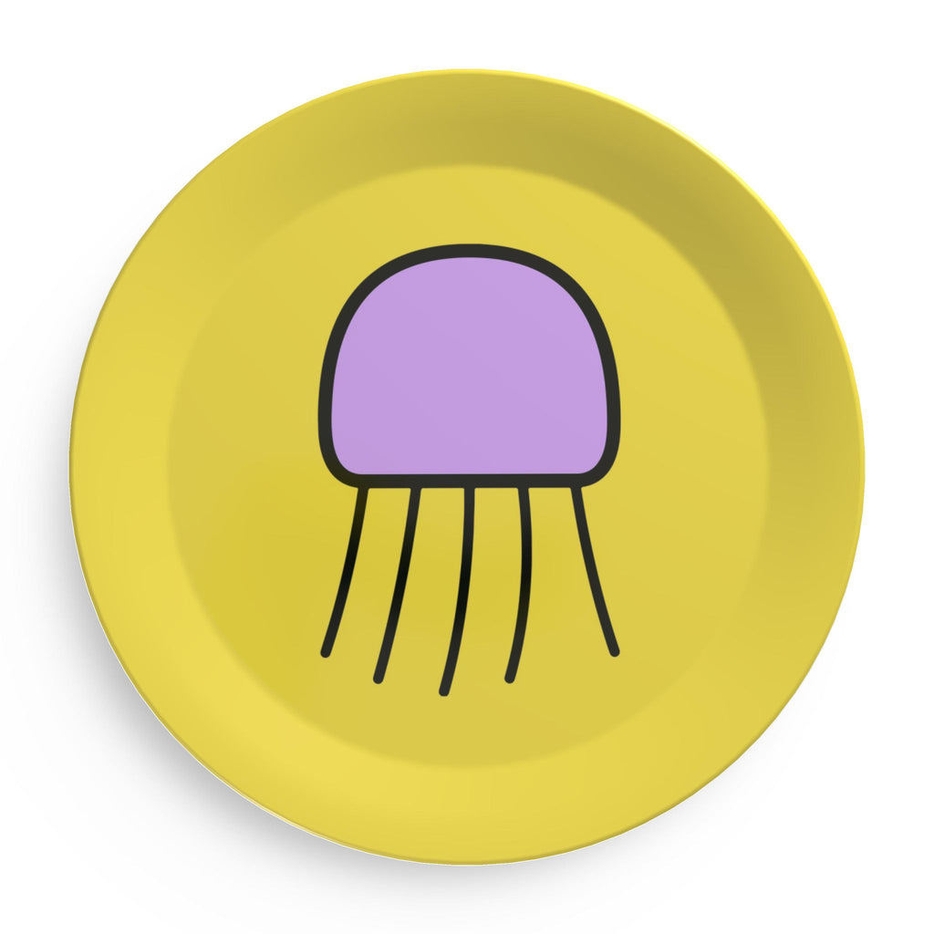 Yellow party plate featuring the pink Orbit jellyfish artwork.