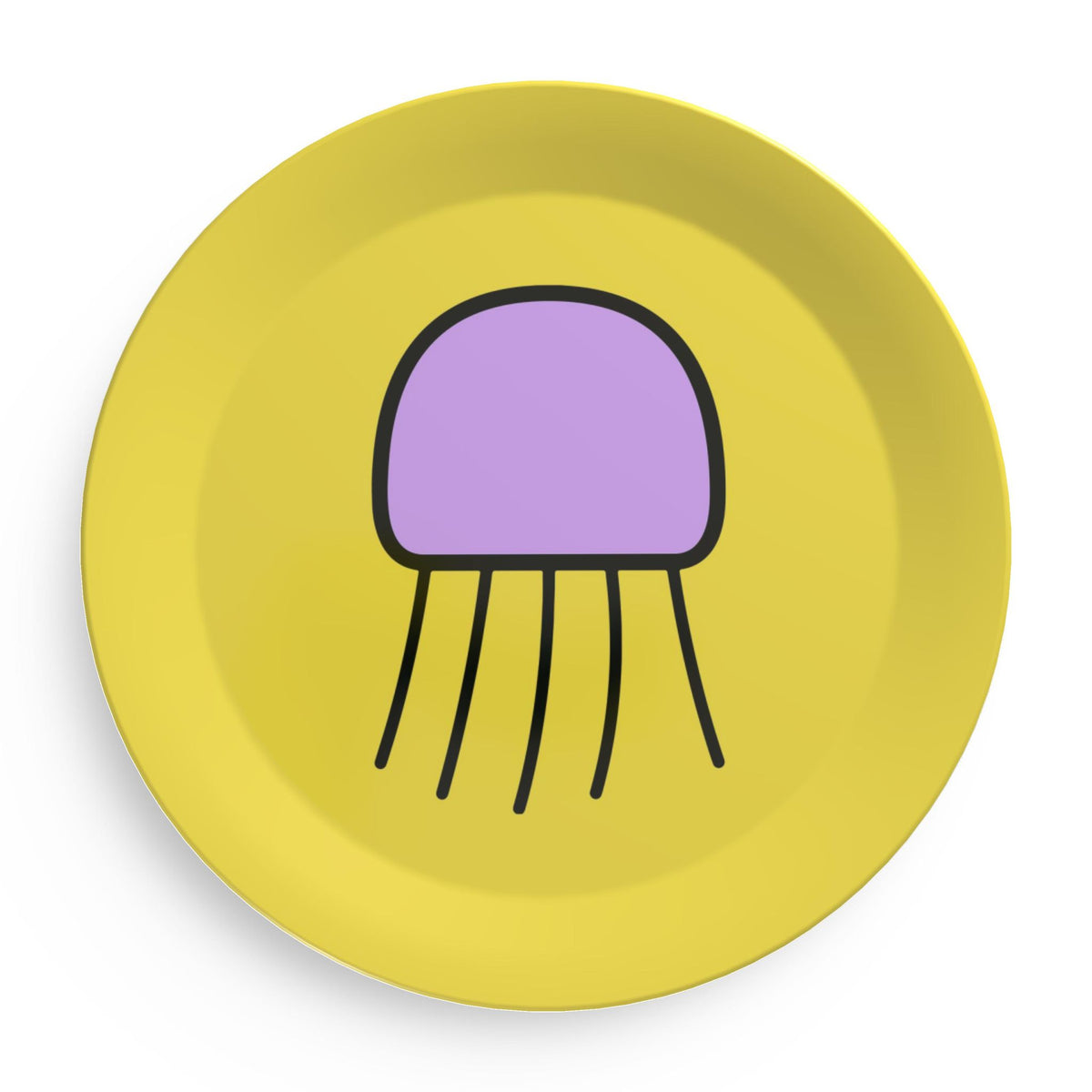 Yellow party plate featuring the pink Orbit jellyfish artwork.