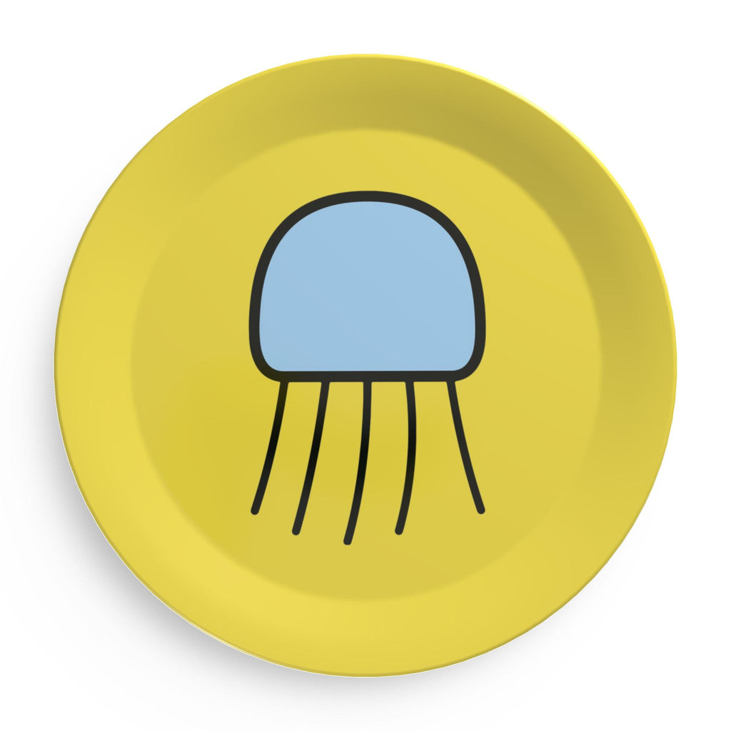Yellow party plate featuring the blue Poly jellyfish artwork.