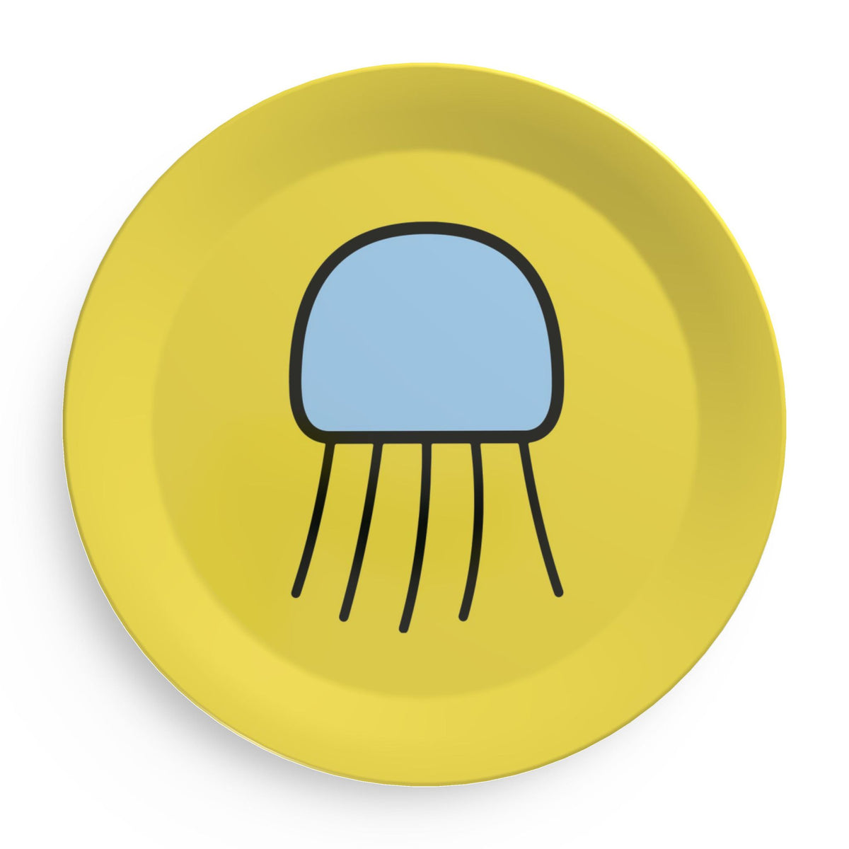 Yellow party plate featuring the blue Poly jellyfish artwork.