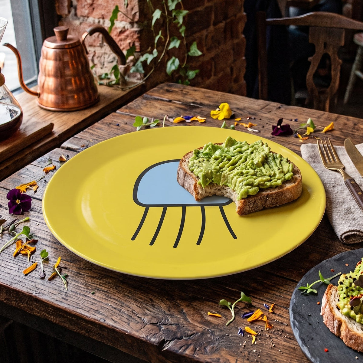 Yellow Poly jellyfish plate with avocado toast on a rustic cafe table.