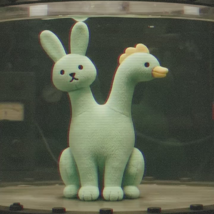 Trees, Rivers & UFOs FrankenFarm film featuring the green Fabbit rabbit and fish felt puppet inside a dark laboratory tank.