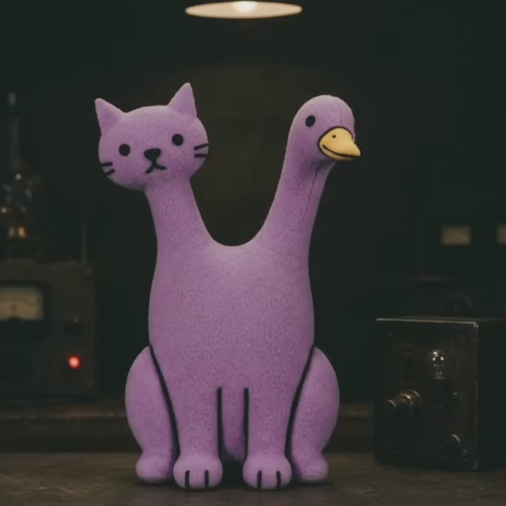 FrankenFarm Quackcat two-headed cat and duck puppet in a dark laboratory, created for the Trees, Rivers & UFOs tote bag series.